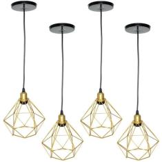 4 Pendentes Aramado Diamante Cabo 2 Mt Luminária Lustre Luxo Industria