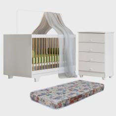 Quarto de Bebê com Berço Mini Cama com Colchão Flocos e Cômoda de Bebê 100% Mdf 4 Gavetas Soft
