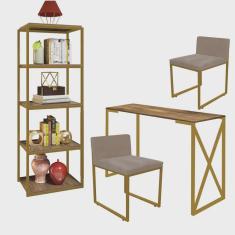 Kit Escritório Bex 2 Cadeiras Suede Bege com 1 Mesa e 1 Livreiro Ferro Dourado mdf Carvalho - Ahazzo Móveis