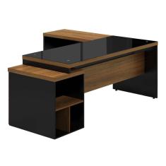 Mesa Pedestal Presidente Web40 1,92 x 1,60 x 0,735m Gaveteiro 3 Gavetas + Vidro Fumê 4mm - Nogal Sevilha/Preto