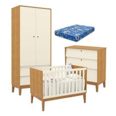 Quarto de Bebe Unique 2 Portas com Cômoda Gaveteiro Freijó Off White Eco Wood e Colchão Ortobom - Matic