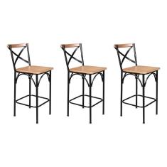 Kit 3 Banquetas Alta Industrial Paris Base Alumínio Com Encosto - Natural - Bege