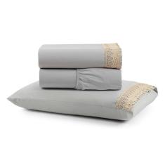 Jogo De Lençol Rubi Solteiro 3 Pçs 100% Algodão 200 Fios Ponto Palito Bordado - Cinza