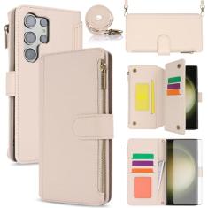 Capa de celular para Samsung Galaxy S23 Ultra 5G Capa carteira com protetor de tela de vidro temperado, alça transversal para pulso, flip com bloqueio de RFID, suporte para cartão celular S23Ultra 23S