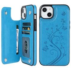 Vaburs Capa carteira compatível com iPhone 14 Plus com porta-cartão, estampa de borboleta em relevo, couro PU, botões duplos, capa protetora à prova de choque para suporte magnético de carro de 6,7