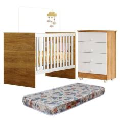 Quarto de Bebê com Berço com Colchão Suporte Life e Cômoda de Bebê 100% Mdf 4 Gavetas Soft Life Branco/Madeirado Ypê