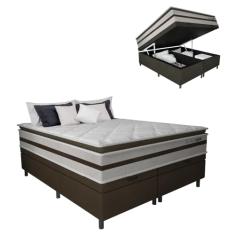 Cama Box Baú Casal King Gazin Colchão Molas Ensacadas Pillow Top Love Story 193x203x71cm Branco/Marrom - Suporta Até 120Kg Por Pessoa