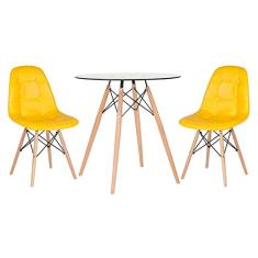 Loft7, Kit Mesa de vidro Eames 70 cm + 2 cadeiras estofadas Eiffel Botonê amarelo