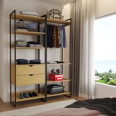 Guarda Roupa Aberto Industrial Casal 2 Módulos Canela Cabideiro com Gavetas Ferro Preto