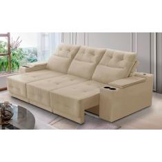 Sofá Retrátil Reclinável 3 lugares 2,10m com Porta Copos e USB Hannah Suede Bege Adonai Estofados