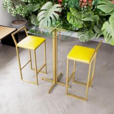 Jogo Mesa Alta Bistrô Quadrada Vidro 2 Banquetas Estofado Confort Indu