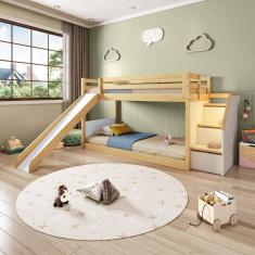 Beliche Infantil Montessori com Escada Lateral Garden Led Grade Proteção I e Escorregador Casatema Branco/Natural