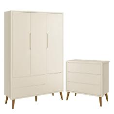 Jogo de Quarto Infantil Theo Retrô Guarda Roupa 3 Portas e Cômoda com Pés Amadeirado - Reller Móveis