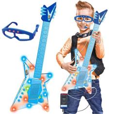 Guitarra Com Óculos Microfone Infantil Som E Luz Conecta Celular Rock 