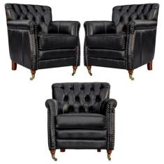Kit 03 Poltronas Decorativas Sala de Estar Níger Pés Príncipe Couro Pr