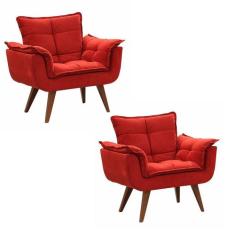 Combo 02 Poltronas Decorativa Opalla Pés Palito Suede Vermelho - DS Es