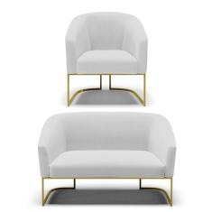 Sofá Namoradeira E Poltrona Base Industrial Dourado Stella Linho Cinza