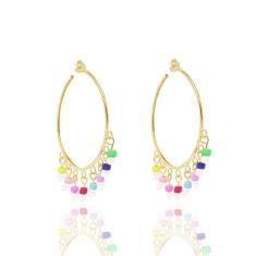 Brinco De Argola Com Miçangas Coloridas Folheado A Ouro
