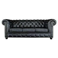 Sofá 3 Lugares Sala de Estar 235cm Chesterfield Pés Madeira Couro Preto - Gran Belo