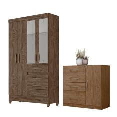 Conjunto Guarda Roupa Com Espelho E Cômoda Seicheles Castanho Wood