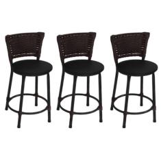 Kit 3 Banquetas Baixas Preta com Encosto Junco Argila Assento Preto - 