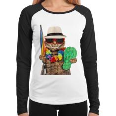 Baby Look Raglan Gato nas Férias Manga Longa - Foca na Moda, Branco, P