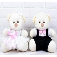 CASAL URSOS TEDDE 22cm - PAJEM PRETO DAMINHA BRANCA PELUCIA PALHA - CK