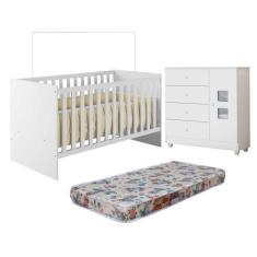 Quarto de Bebê com Berço com Colchão Suporte Life 100% Mdf e Cômoda 100% Mdf 1 Porta 4 Gavetas Life Branco
