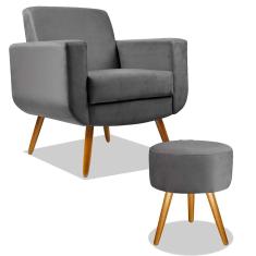 Combo Poltrona Decorativa Cristal com Puff Redondo Pés Madeira Suede Cinza