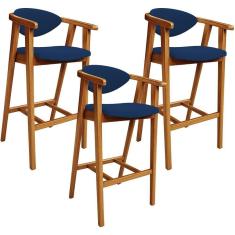 Kit 03 Banquetas Alta Cozinha Bancada Bar Sala De Jantar Fixa Cecília L02 Suede Azul Marinho