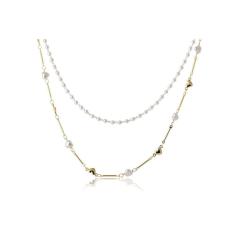 Colar Duplo Com Corrente De Pérola E Mini Corações Dourados Folheado Em Ouro 18k