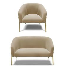 Sofá Namoradeira E Poltrona Pé De Ferro Dourado Stella Suede D03 - D'r