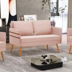 Sofá 2 Lugares Namoradeira Mari Pé Palito Castanho Veludo Rosê D03 - D