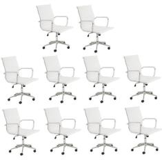 Kit 10 Cadeiras de Escritório Presidente Giratória Sevilha Baixa Rivatti Branco