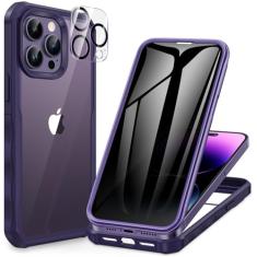 CENHUFO Capa de privacidade para iPhone 14 Pro Max, capa de telefone de corpo inteiro com protetor de tela de privacidade de vidro temperado 9H integrado e protetor de lente da câmera, antiespião, à