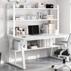Mesa de computador com gaiola e estante, mesa de estudo de escrita com economia de espaço com prateleiras de armazenamento abertas, mesa de trabalho moderna simples de madeira com moldura de metal