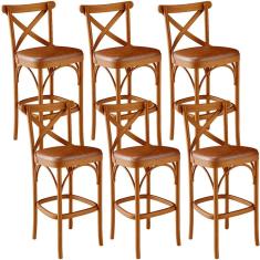 Kit 06 Banquetas Altas Ávila L02 Moderno Madeira Maciça Assento Courino Camel Lyam Decor