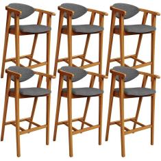 Kit 06 Banquetas Alta Cozinha Bancada Bar Sala de Jantar Fixa Cecília L02 Linho Cinza Escuro - Lyam