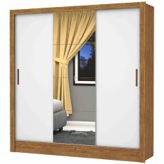 Guarda Roupa Casal com Espelho e 3 Portas de Correr Dubai Carioca Móveis Cor Cinamomo Off White