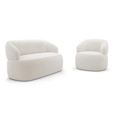 Kit Poltrona Giratória E Sofá Orgânico Living Glee 03 Lugares 170cm Bouclê Off White - Desk Design