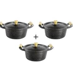 Jogo Panelas Caçarolas Reta Craqueada Alça Madeira 24 a 28cm