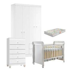 Quarto De Bebê 4 Portas Com Gaveteiro Ternura Baby E Berço Mirelle Branco Brilho Com Colchão Gazin - Incorplac