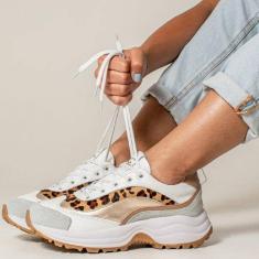 Tenis Casual Feminino Dorf Sneaker Em Couro Branco E Onca