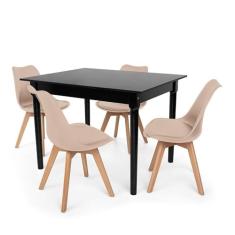 Conjunto Mesa De Jantar Robust 110x90 Preta Com 4 Cadeiras Eames Wood Leda - Nude
