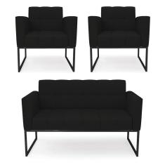 Kit 1 Sofá Namoradeira E 2 Poltronas Elisa Linho Preto A79 Base Metálica Industrial Preto - D`rossi