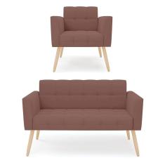 Kit 1 Sofá Namoradeira E 1 Poltrona Elisa Veludo Pés Palito Natural - D`rossi Cor Rose