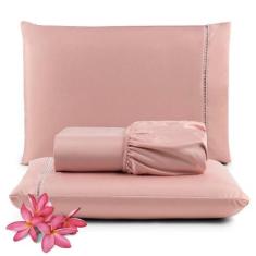 Jogo Cama Lençol Unique King 400 Fios Ponto Palito 3 Peças - Rosê - CA