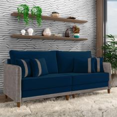 Sofá Living Montecarlo 2 Lugares Bipartido 172cm Pés em Madeira Veludo/PU Azul/Cinza G33 - Gran Bel