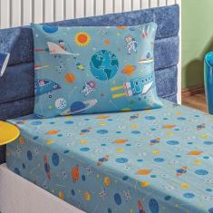 Jogo De Cama Lençol Carrosel Solteiro 02 Peças Infantil Estampado Divertido - Astronauta Azul