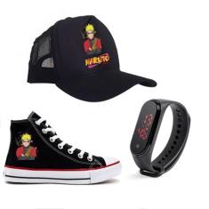 Kit Tênis Boné E Relógio Naruto Lançamento - Milene Store, Preto, 30